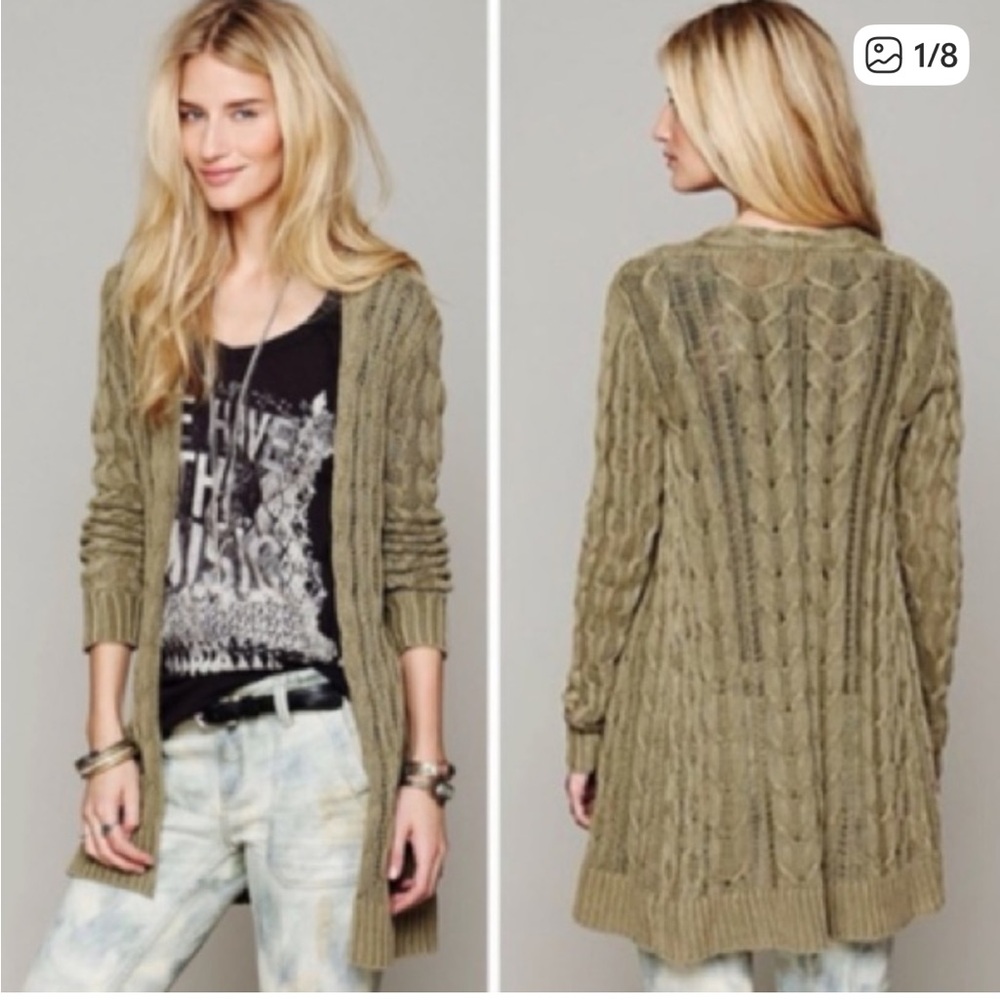 Long Cable Knit Open Cardigan Sweater - Olive